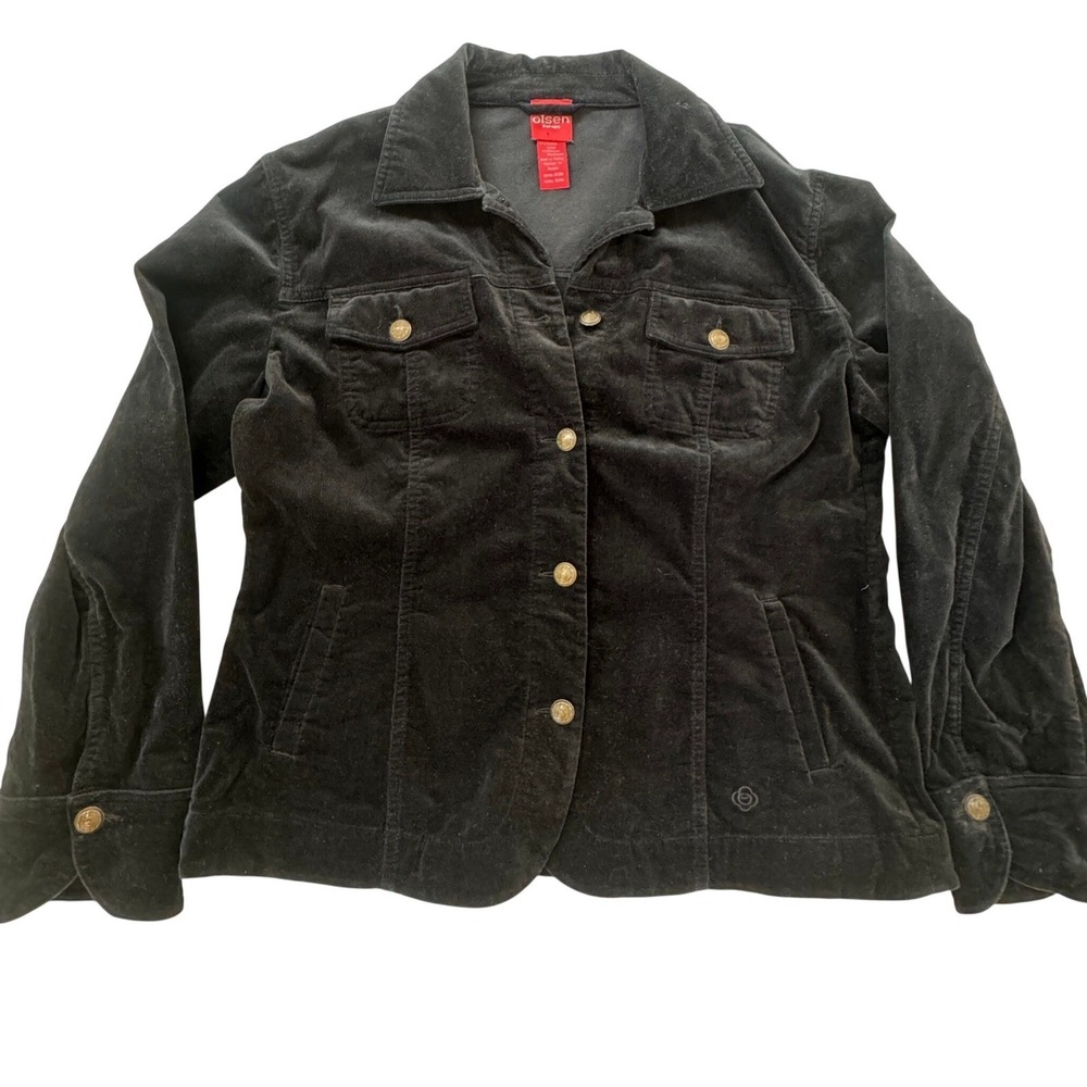 Olsen Europe Corduroy Jacket 12 Black Button Front Crest Gold Detail